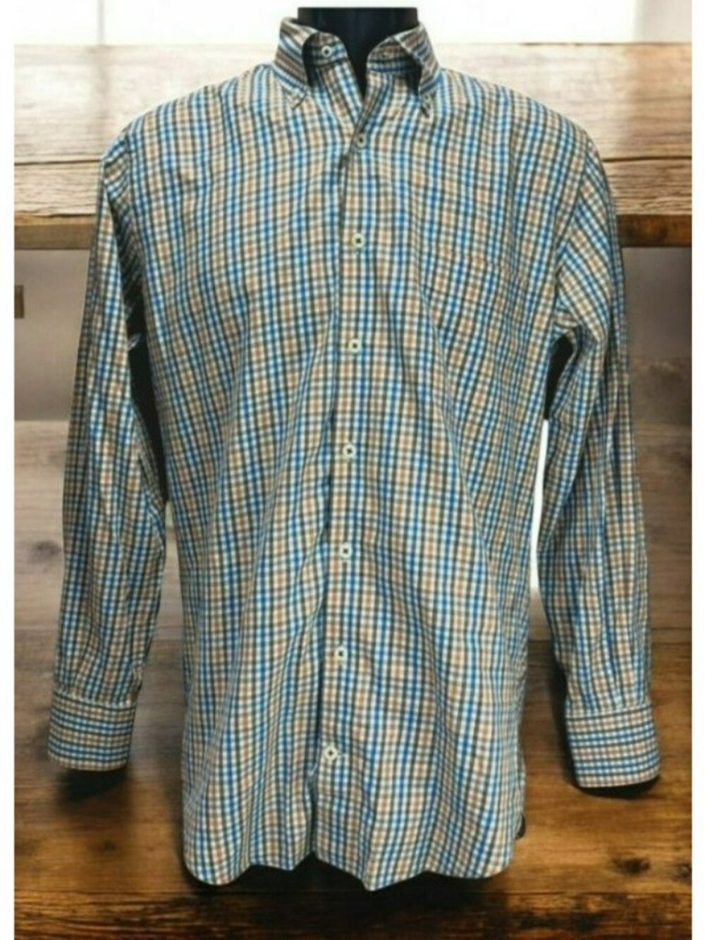 Peter Millar Mens Small Orange & Blue Plaid Long Sleeve Shirt